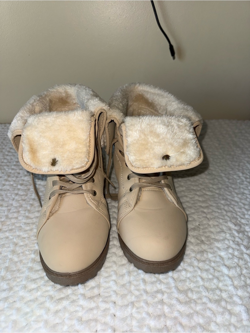 Olivia Miller Tan Lace-Up Faux-Fur Ankle Boots